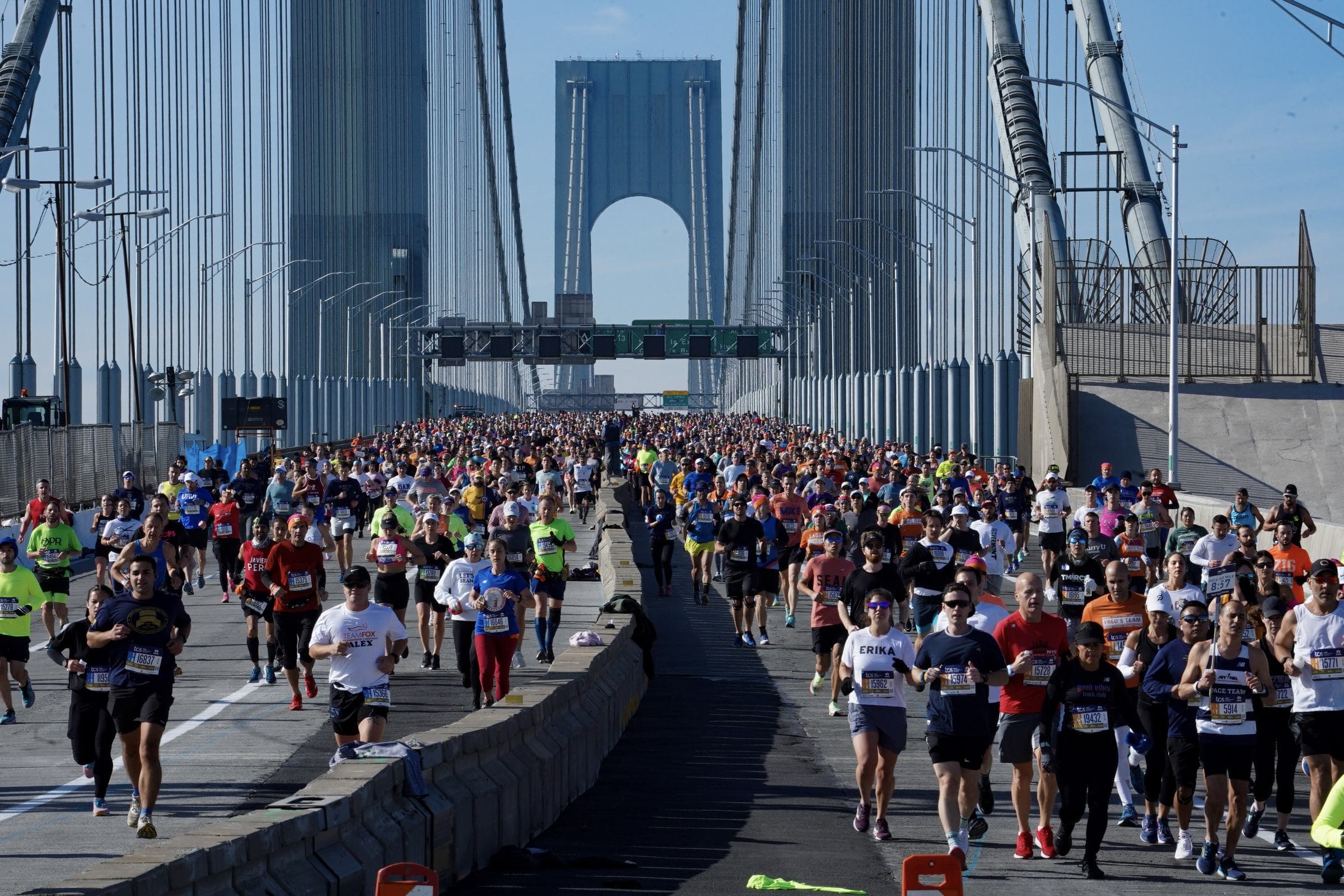 Thousands of runners crossing the Verrazzano-Narrows Bridge at the start of the New York City Marathon